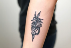 Design a tattoo of Anubis, as though it was carved into stone, it should have a sculptural stone like featured with a classic Anubis style tattoo idea