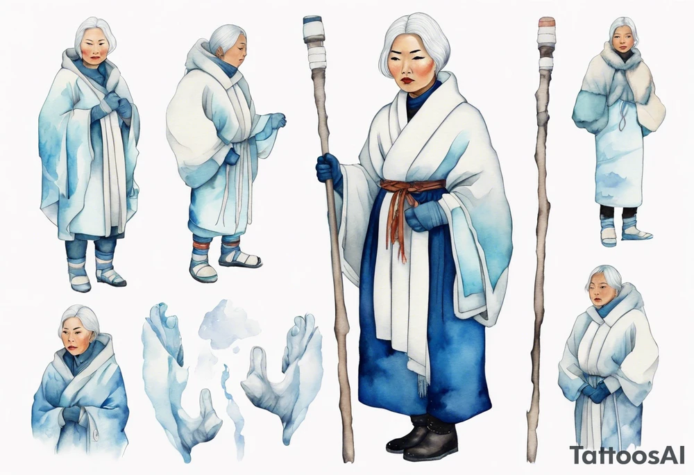 a 40 year old Inuit woman with white hair and a white robe and white mittens and blue mukluks holding a plain white staff, standing on an iceberg tattoo idea