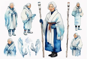 a 40 year old Inuit woman with white hair and a white robe and white mittens and blue mukluks holding a plain white staff, standing on an iceberg tattoo idea