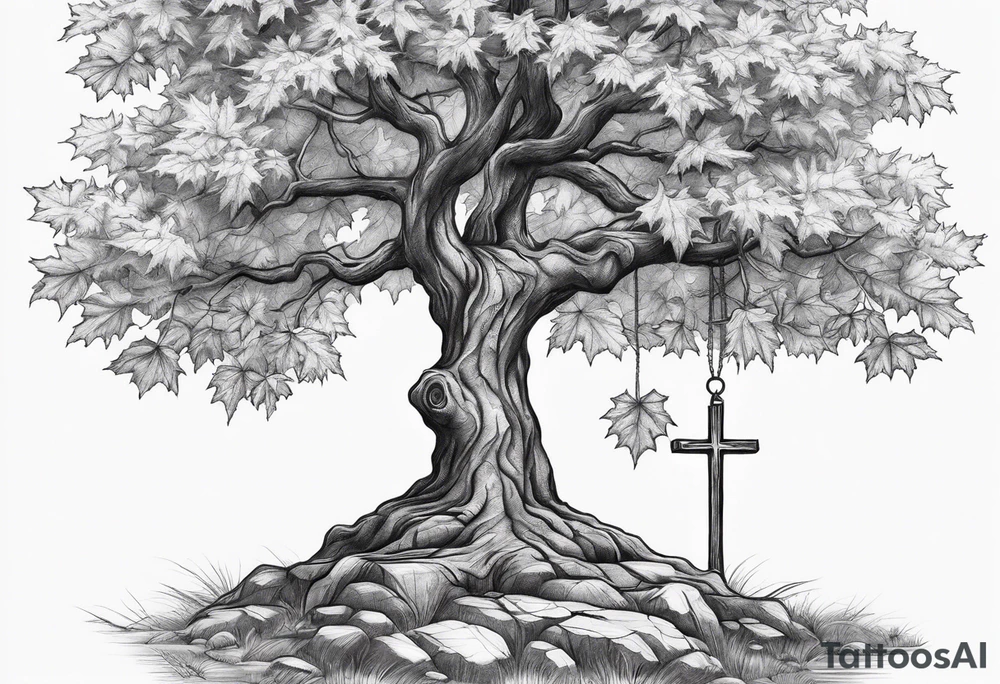 A maple tree with branches and a cross as the trunk. tattoo idea