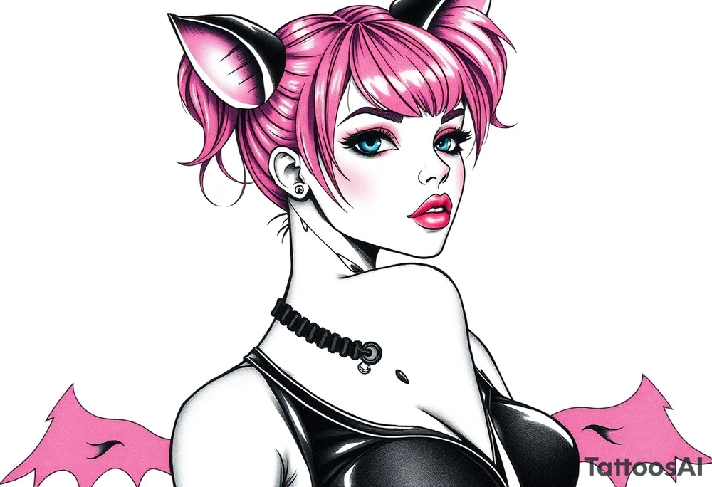 hot goth girl with puppy ears and with piercings on face and big boobs and big butt with black outfit on with pink hair tattoo idea