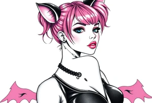 hot goth girl with puppy ears and with piercings on face and big boobs and big butt with black outfit on with pink hair tattoo idea