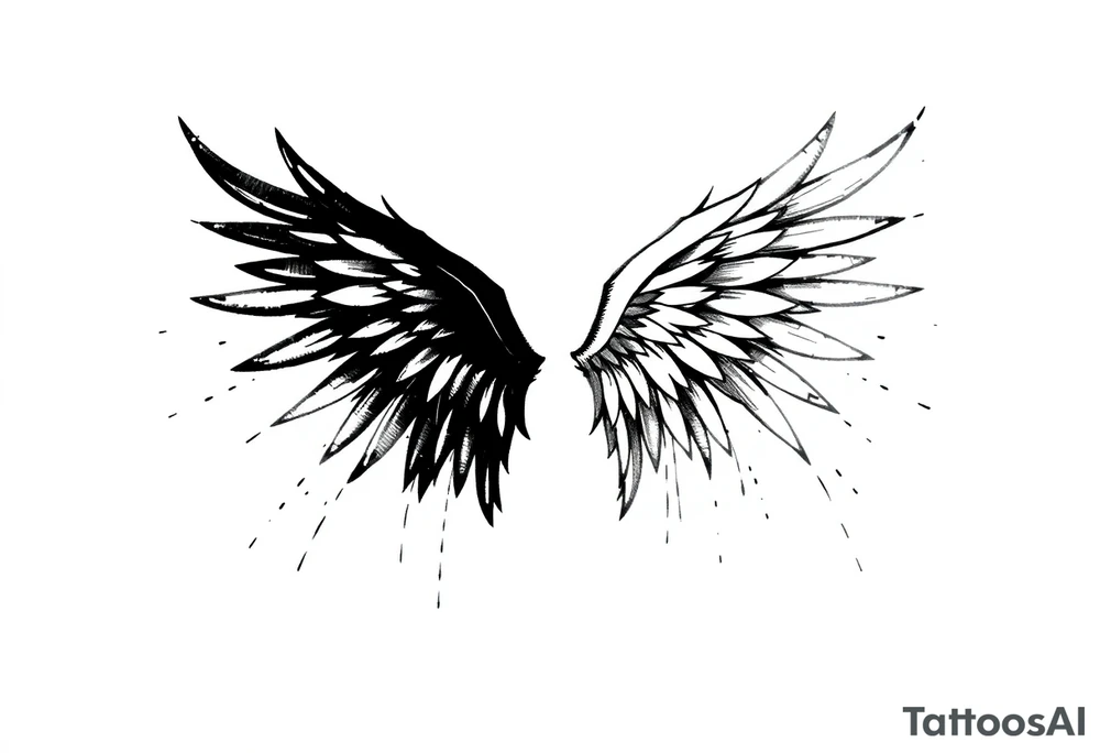 the wings go up

This tattoo design features a pair symmetrical angel wings drawn in black ink with a rough, sketch-like style. The left wing is darker, more defined, and appears denser, while the right wing is lighter, more delicate, and fragmented, creating a contrast between the two. The feathers are sharp and irregular, with fine lines and stray strokes extending outward, adding a raw and artistic feel. The overall look is dynamic and slightly chaotic, giving the impression of movement or an unfinished, ethereal form. This design symbolizes duality, freedom, transformation, or even struggle, making it a meaningful and visually striking tattoo. tattoo idea