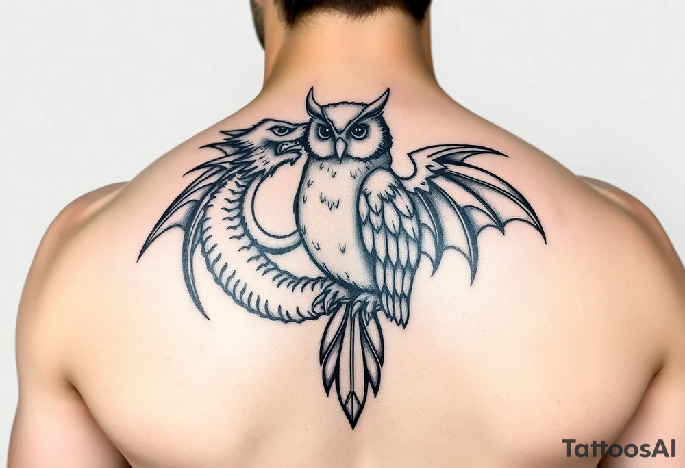 Tribal dragon and owl embracing tattoo idea