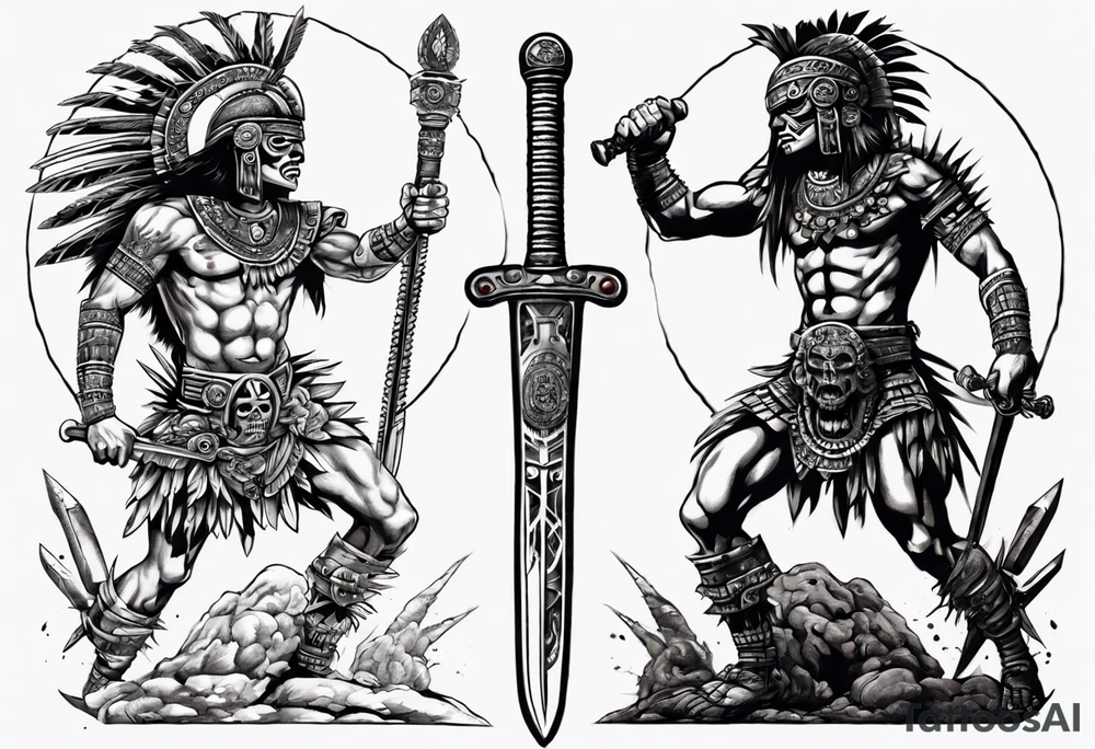 aztec warrior with a spiked obsidian sword fighting against the god of death at night with moonlight skys tattoo idea