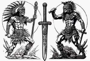 aztec warrior with a spiked obsidian sword fighting against the god of death at night with moonlight skys tattoo idea