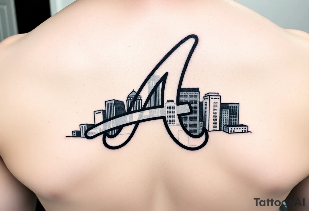Atlanta Braves letter logo “A” overlapping the Atlanta skyline in the back on the middle. The buildings are concise and jam packed parallel to the logo. tattoo idea