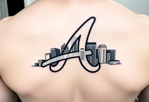 Atlanta Braves letter logo “A” overlapping the Atlanta skyline in the back on the middle. The buildings are concise and jam packed parallel to the logo. tattoo idea