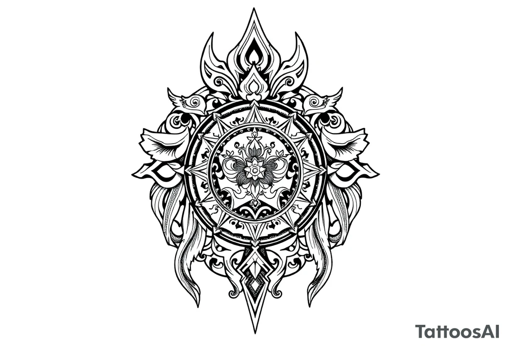 mytical shaman style ornametn with ancient rhyme tattoo idea