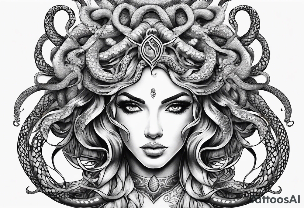 Medusa tattoo with a beautiful face focusing on the eyes. Instead of snake like hair I want octopus like hair. tattoo idea