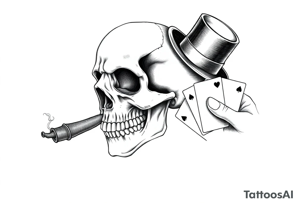 a skull with mustache, a big cigar in his mouth,top-hat on his head and playing cards in a hand. tattoo idea