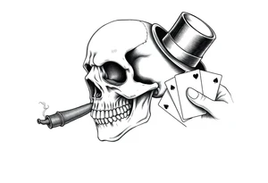 a skull with mustache, a big cigar in his mouth,top-hat on his head and playing cards in a hand. tattoo idea