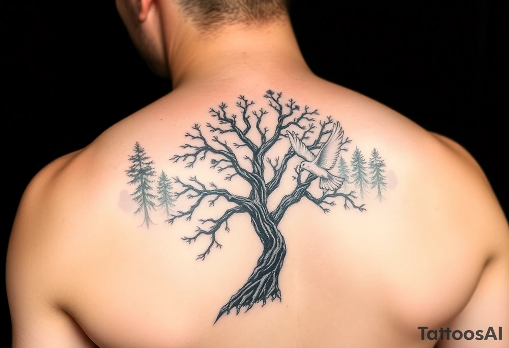 "A tattoo design featuring sun rays  clearly radiating from the top of the shoulder, with a serene forest scene in the background. Incorporate a prominent 'poison tree' design, featuring twisted and gnarled branches, symbolizing duality or mystery. Add a white dove in flight in the foreground, positioned slightly above or near the tree, symbolizing peace and hope. The overall design should have a balance of contrast and shading, blending realism with a slightly surreal artistic style." tattoo idea
