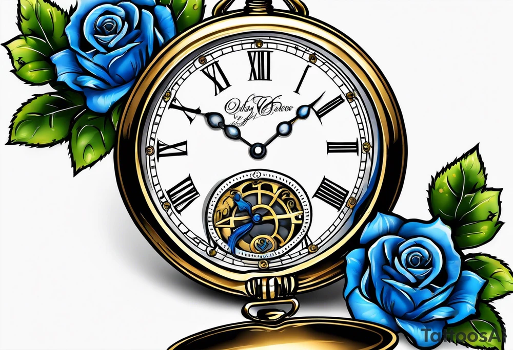 Pocket watch with blue roses tattoo idea