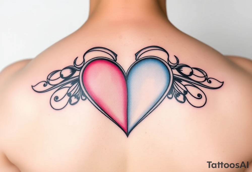 Half Pink and half  blue semi love heart tattoo idea