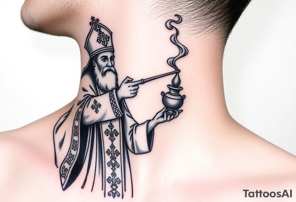 Russian Orthodox Priest in fully detailed vestment swinging a censer with smoke curling upward tattoo idea