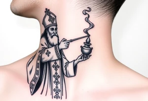Russian Orthodox Priest in fully detailed vestment swinging a censer with smoke curling upward tattoo idea