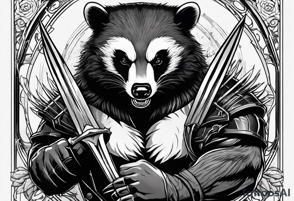 aggressive full body and killer face badger/wolverine with cute smile long nails and attacks tattoo idea