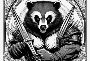 aggressive full body and killer face badger/wolverine with cute smile long nails and attacks tattoo idea