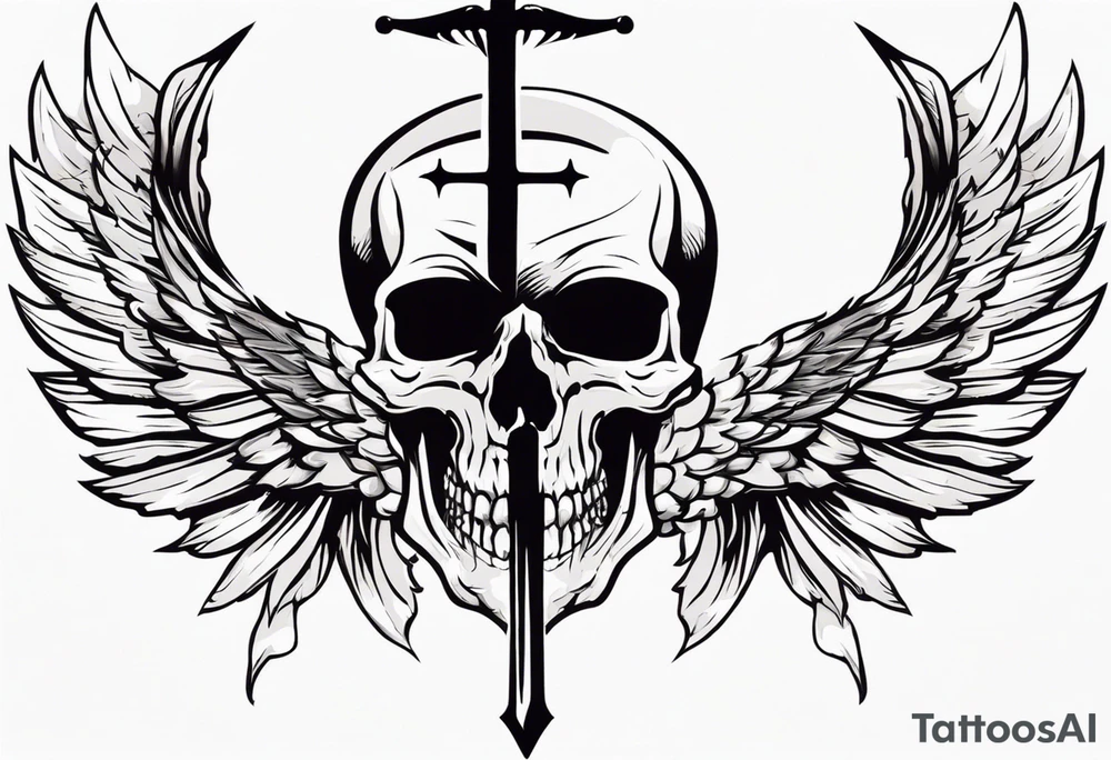 In the center is a half skull pierced by a large sword. On either side of the skull, there are spread angel wings, Beneath the skull is a ribbon cross elements on that, ribbon weaves through both the skull and the sword tattoo idea