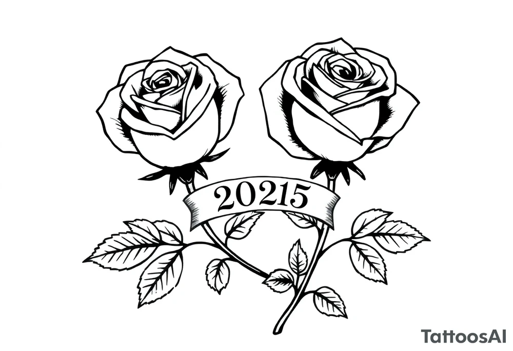 two beautiful large rose buds, one larger than the other, with many leaves next to the rose buds, with one sitting higher than the other. Include a banner connecting the two roses with the year "2025" on it.   Use dark outlines with little shading. The two stems should be short, not long, and connect and join into one stem, whimsically curved or twisted - not straight down. tattoo idea