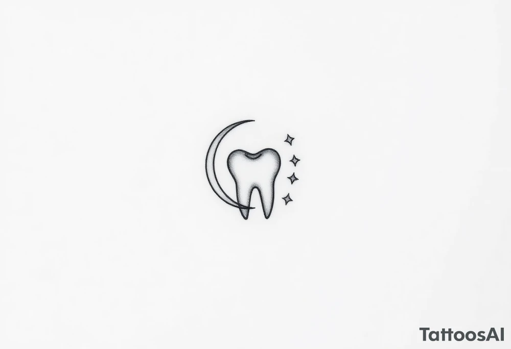 Fine-line, minimalist tattoo of a small molar tooth delicately cradled by a thin crescent moon, with two tiny sparkling stars floating nearby. Very subtle dot-work shading only at the base of the tooth for depth. Clean black-ink line-art, airy and elegant, designed for a small behind-the-ear placement tattoo idea