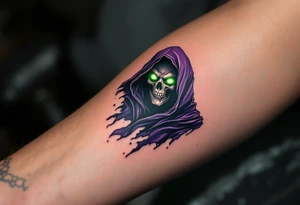 The Reaper’s tattered purple cloak flows behind him as his glowing green eyes pierce the darkness. tattoo idea