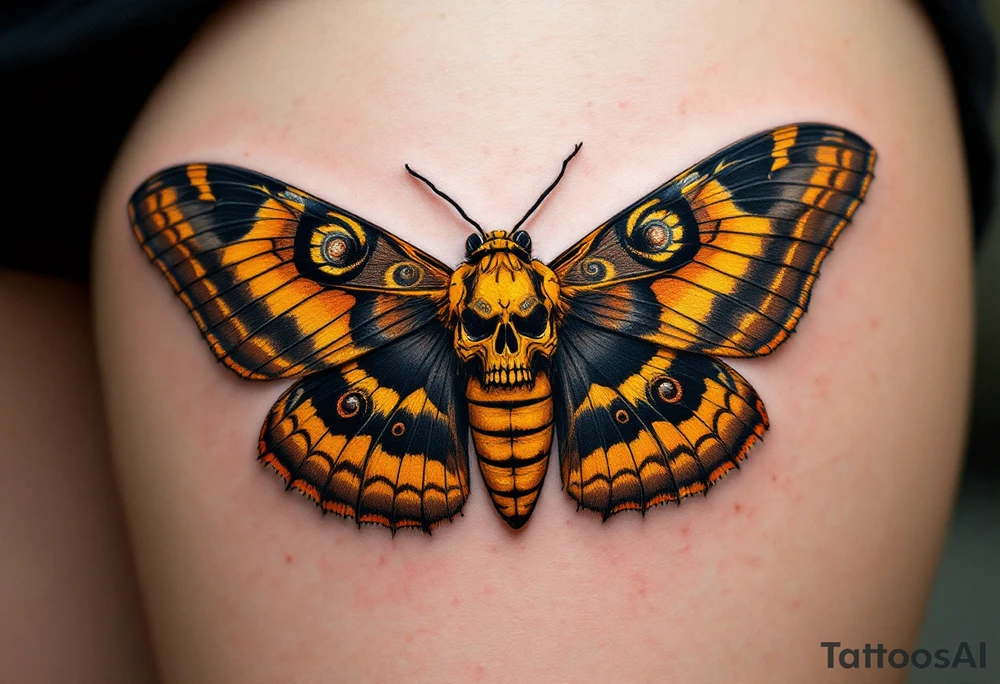 A highly detailed hawkmoth with deep black and golden-yellow wings, featuring intricate patterns resembling skull-like markings. The moth’s body is shaded with rich brown and subtle hints of burnt orange, adding depth and realism. tattoo idea