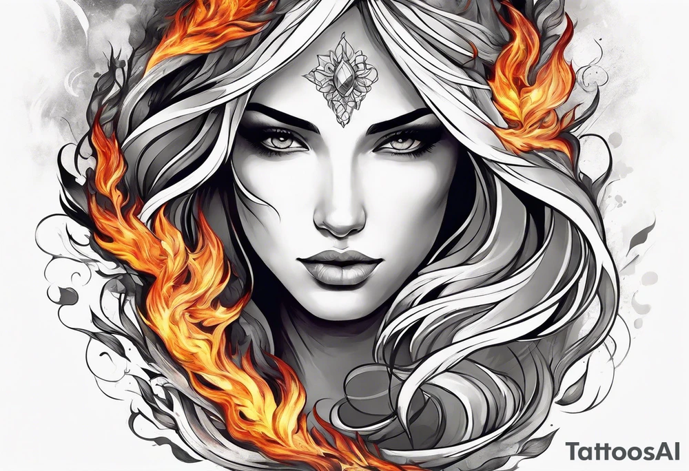 Resurrection strength and courage Beautiful Woman walking through fire and chaos to inner peace and self-love  ethereal tattoo idea