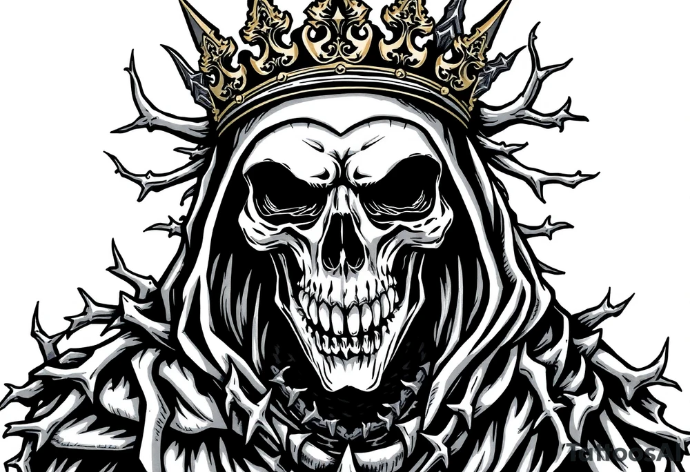 A crowned skeletal warrior, cloaked in shadows and thorns. tattoo idea