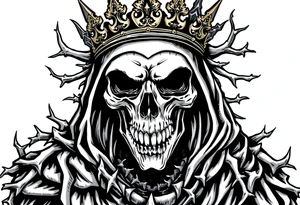 A crowned skeletal warrior, cloaked in shadows and thorns. tattoo idea