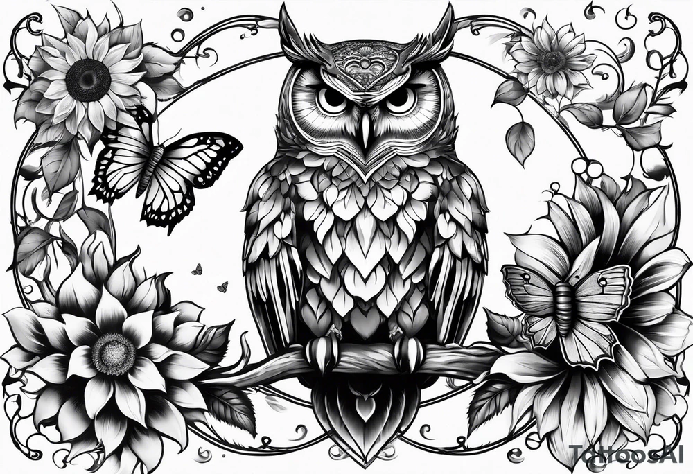 Sleeve with an owl, sunflower and butterfly tattoo idea