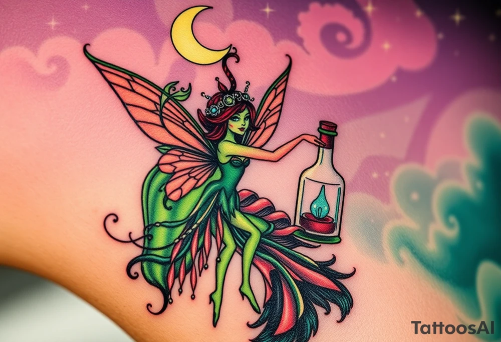 Tim Burton’s kelly doty pin up style Vintage Parisian elegant and hauntingly beautiful yet eerie full body absinthe Green Fairy dances outside her victorian crystal decatur she was once inside this elaborate ornate bottle absinthe bottle Absinthe Art Nouveau   and dripping with muted reds, dusty pinks, and eerie green glow.purple and cyan smokey clouds swirl in the crescent moonlit sky thats sprinkled with stars tattoo idea