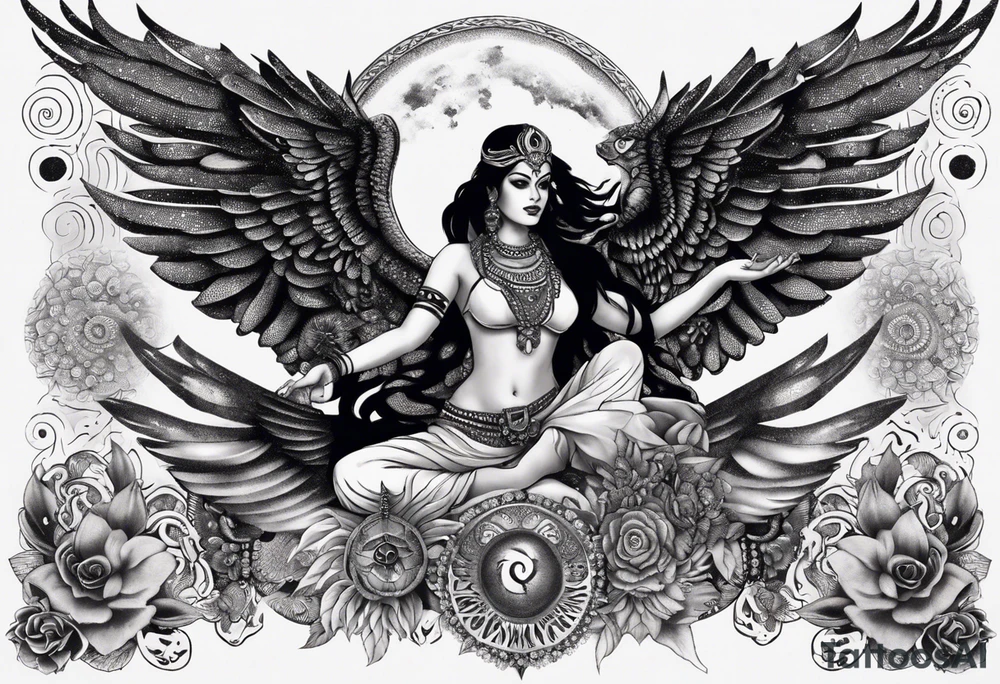 black kali, goddess pirate, alien, angel, pachamama, valkrye, warrior, flying, skull, lotus azul, wing, eagle, zenza resonance, stars, 5D, anahata chakra, death, durga, riding on a tiger, flying lady, kundalini, chest tatoo, samuri, rebel tattoo idea