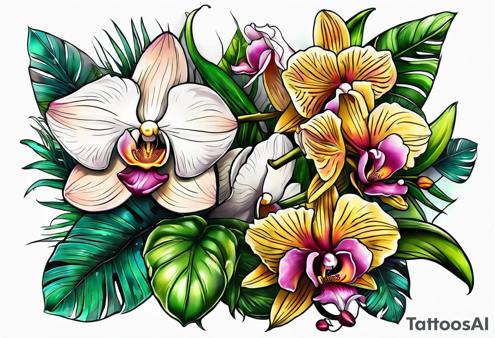 Tropical plants and orchids sleeve tattoo idea