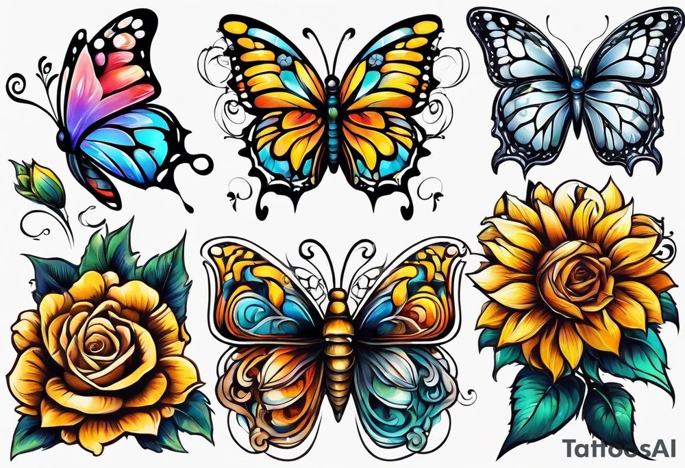animal butterfly , flower rose, sunflower, tattoo idea