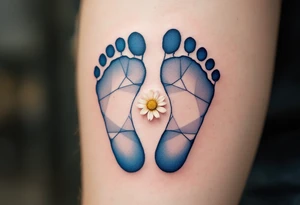 Light blue and soft gray footprints of Jakub, encircled by a small, blooming daisy to signify his pure and gentle spirit. tattoo idea