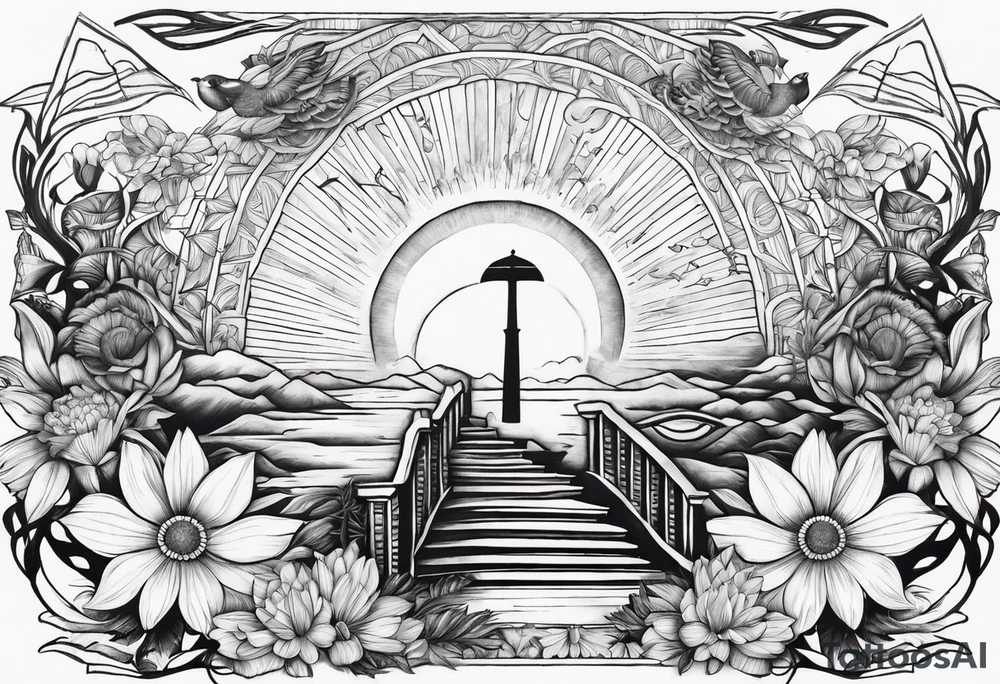 AUM symbol, sparrow, sunrays, staircase, cosmos, iris, daisy tattoo idea