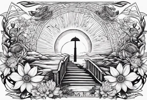 AUM symbol, sparrow, sunrays, staircase, cosmos, iris, daisy tattoo idea