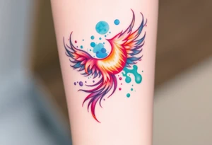 Phoenix in a fire with purple, blue, orange, teal and green splashes, looking upwards with a fierce eye. No black outline. tattoo idea