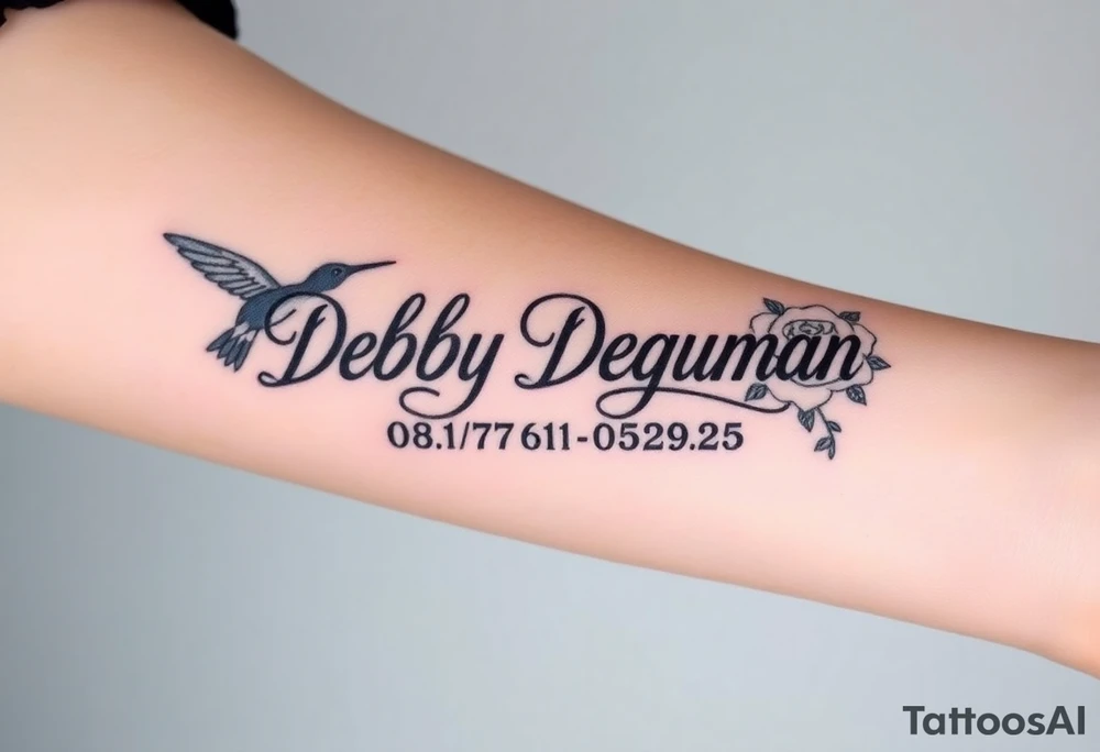 Tattoo of the exact name Debby Deguzman in chunky bold curly cursive with the exact dates of 08/17/61-05/29/25 surrounded by 1 hummingbird and 1 rose tattoo idea