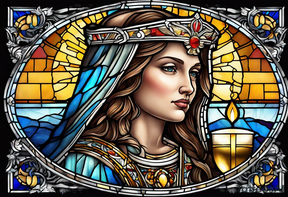 holy saint woman with halo stained glass holding a chalice with artillery tattoo idea