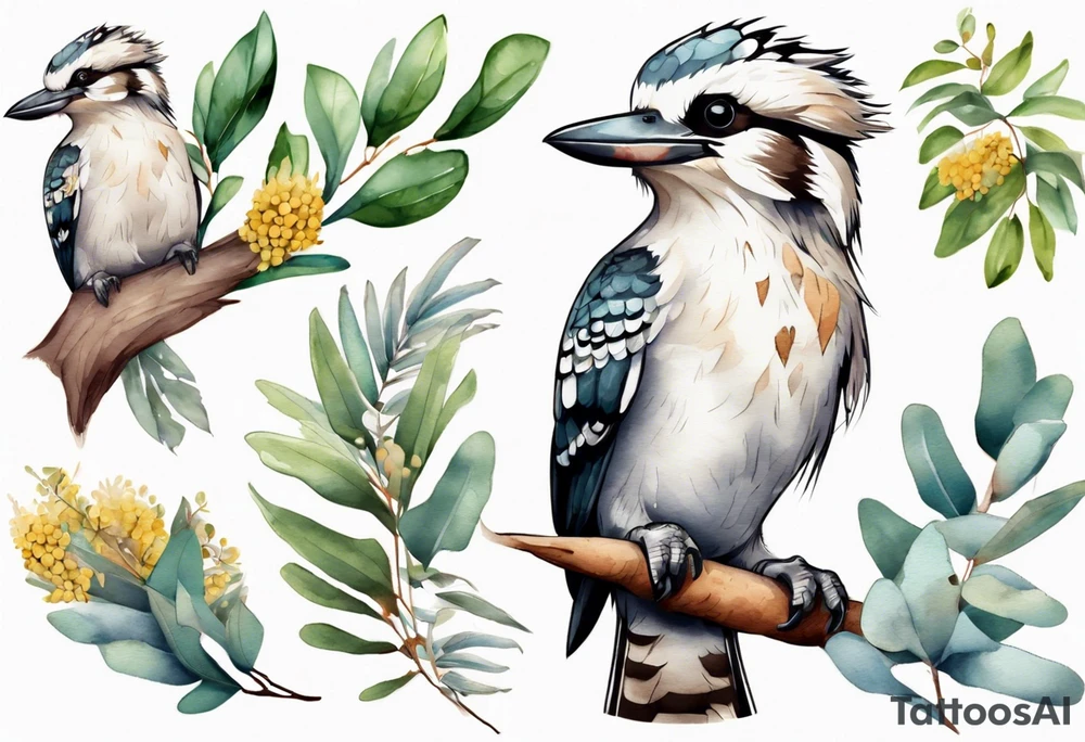 Cartoon kookaburra sitting on wattle and eucalyptus leaves tattoo idea