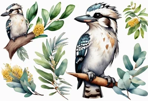 Cartoon kookaburra sitting on wattle and eucalyptus leaves tattoo idea