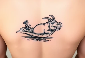 2 miniature people who are majestically floating down a river on a giant leaf as a angry hippopotamus with goat horns chasing them tattoo idea