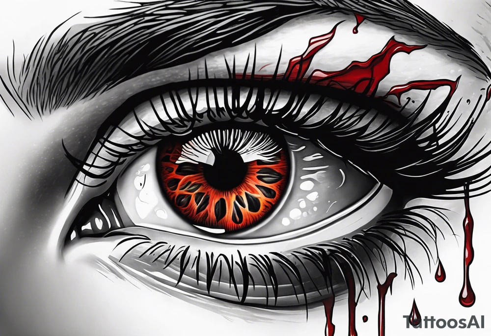 A realistic majestic human eye crying blood with reflection of tragedy and death tattoo idea