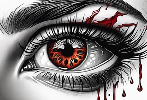 A realistic majestic human eye crying blood with reflection of tragedy and death tattoo idea