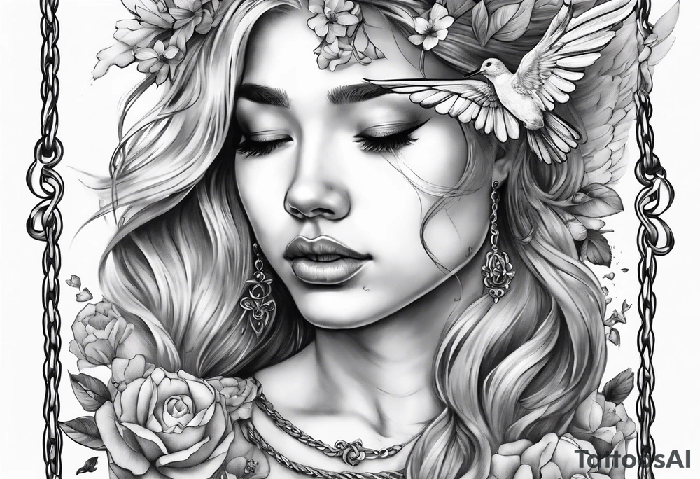 crying broken angel on swing add flowers around add hummingbird tattoo idea