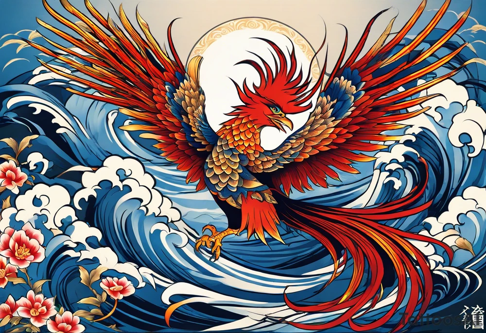Create an intricate tattoo design of a Japanese phoenix in traditional Irezumi style. The phoenix should have a majestic and dynamic pose, with flowing feathers that exhibit traditional Japanese tattoo patterns. Its skin color should be a rich blue with varying shades, creating a sense of depth and movement. Include traditional Irezumi elements like clouds, waves, and subtle flames, blending them harmoniously with the phoenix. The tattoo should have a dramatic, detailed look with bold outlines and shading. Incorporate the Aquarius symbol discreetly within the design, possibly hidden among the feathers or subtly integrated into the background, to blend seamlessly with the overall artwork. tattoo idea