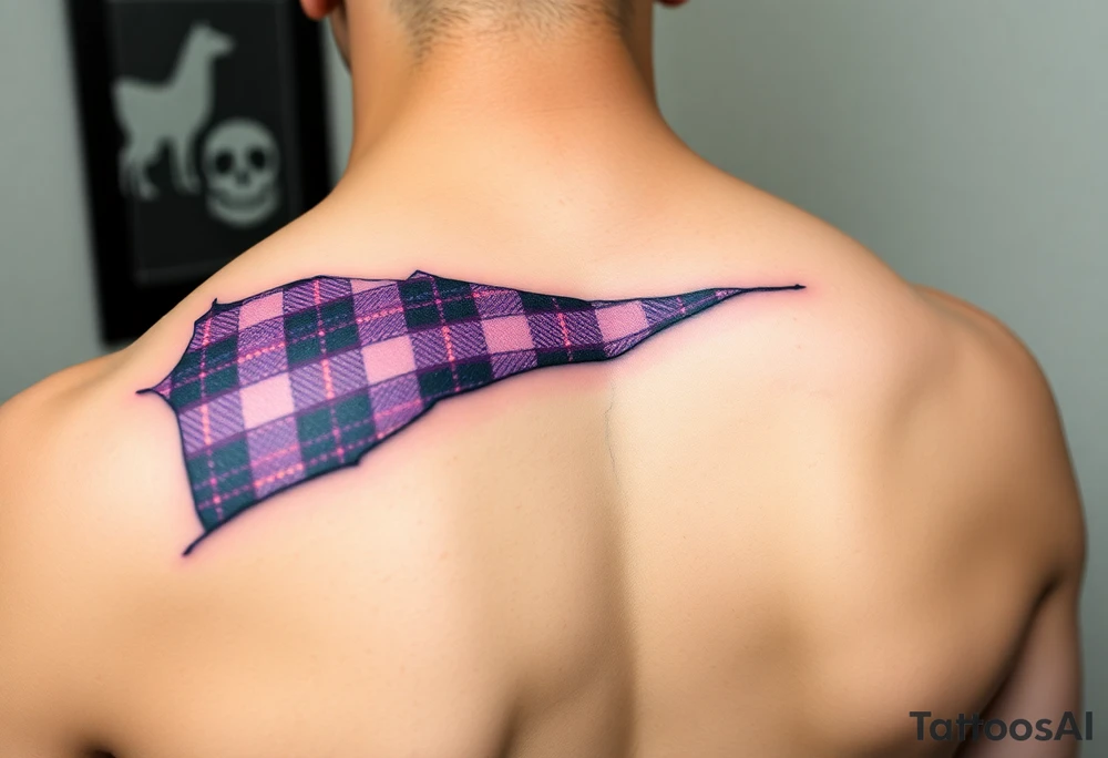 Purple tartan fabric on shoulder with skin peeling back to reveal tartan underneath tattoo idea